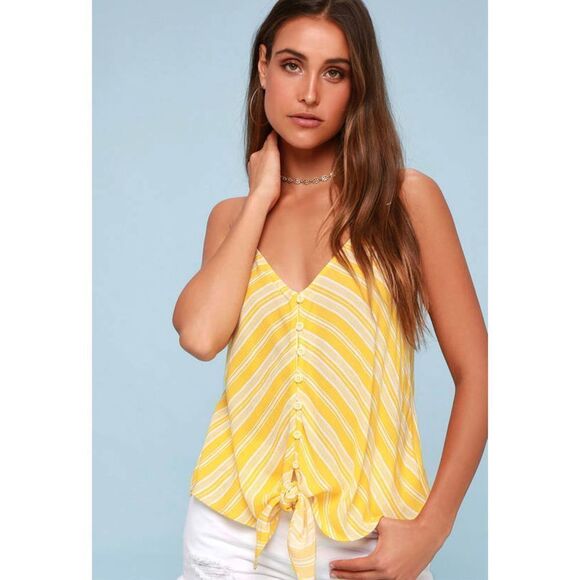 Lulus - Oceanna Yellow Striped Button-Up Tie-Front Tank Top sz Small - Picture 1 of 11